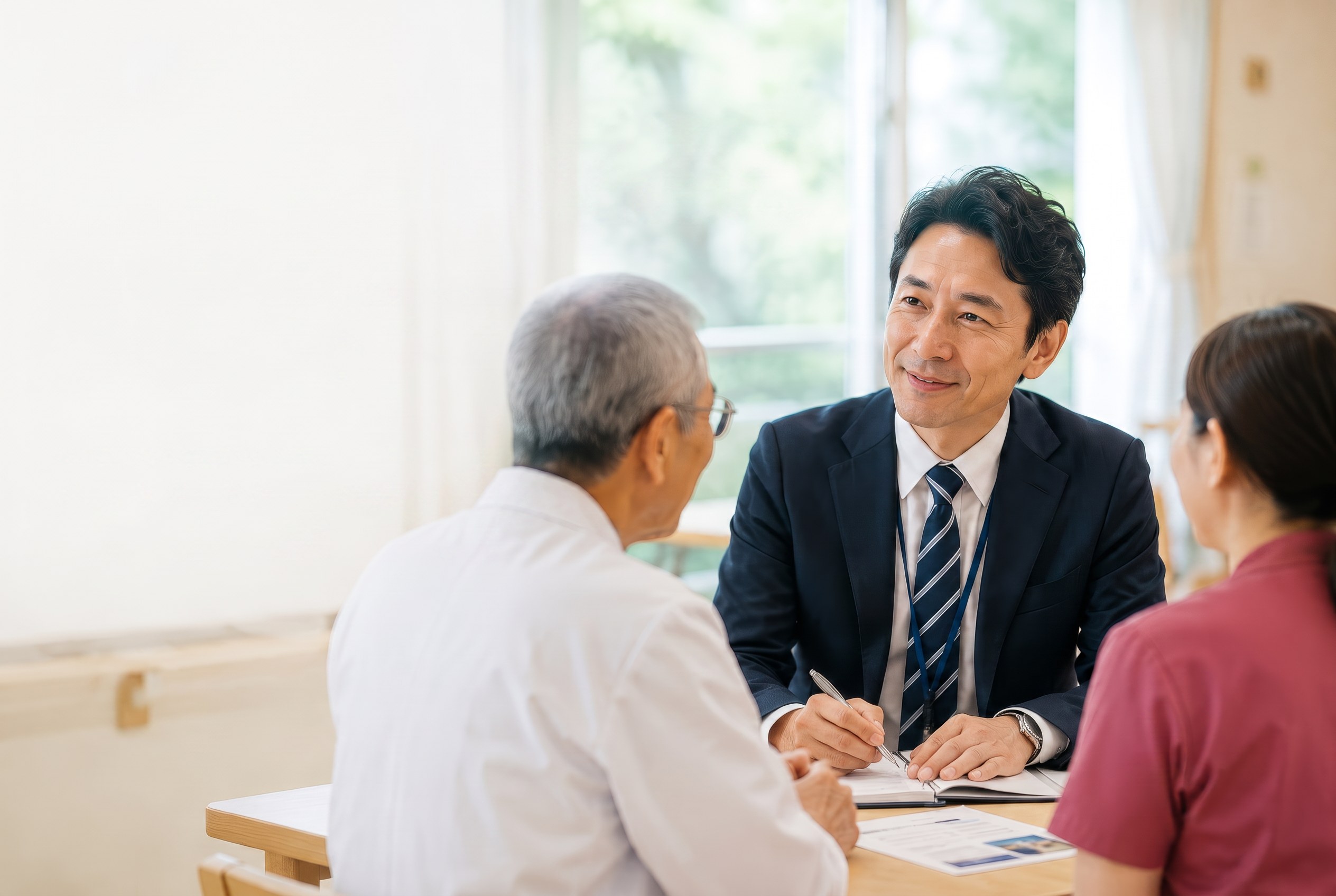 地域連携コンサルタントが高齢の患者様とご家族に向き合い、話を聞く様子